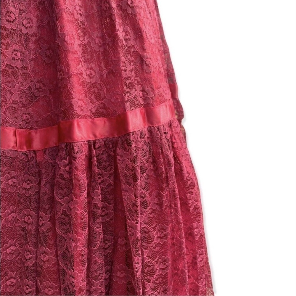 Vintage 70s 80s Crimson Lace Full Sweep Victorian Puff Sleeves Petticoat Gown S - Picture 11 of 17